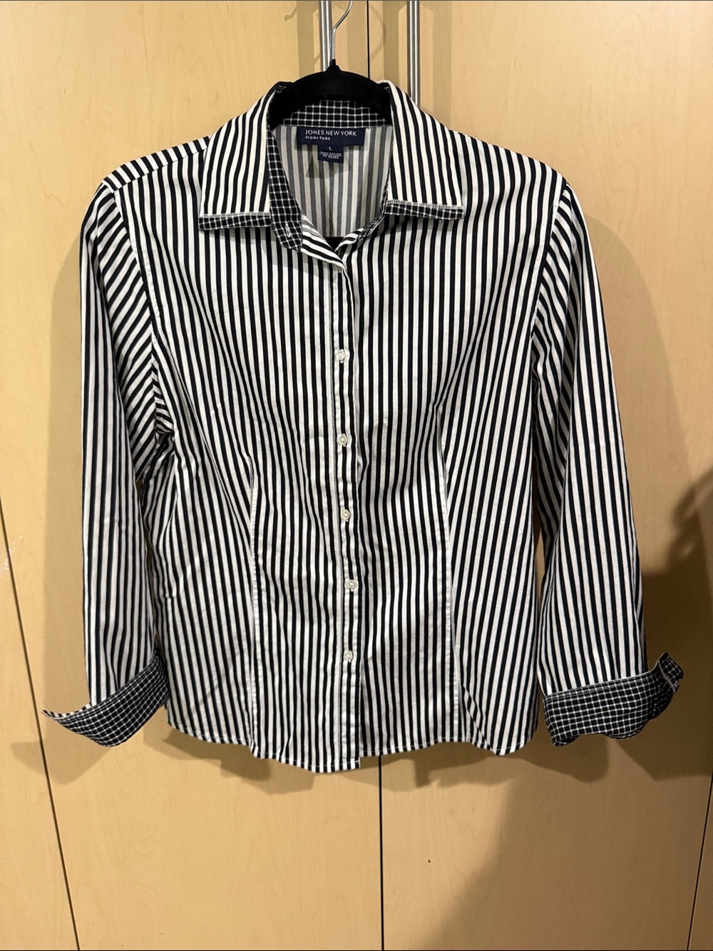 Jones New York Black and White Vertical Stripe Dress Shirt